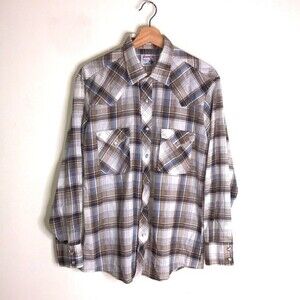 Vintage round up western plaid pearl snap button long sleeve shirt size large